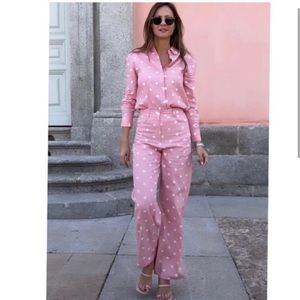 New Zara Linen Blend Pink White Polka Dot High Waist Pant and shirt (Small)